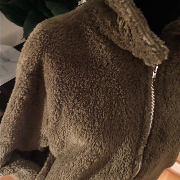 Olive Green Sherpa Slouchy Zip Up Fleece Jacket - Picture 4 of 4